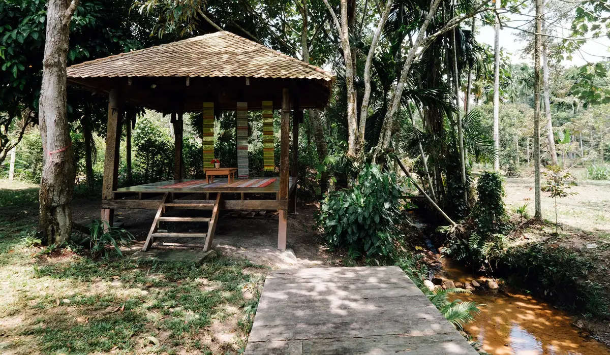 Thatched gazebo in the shade of the trees