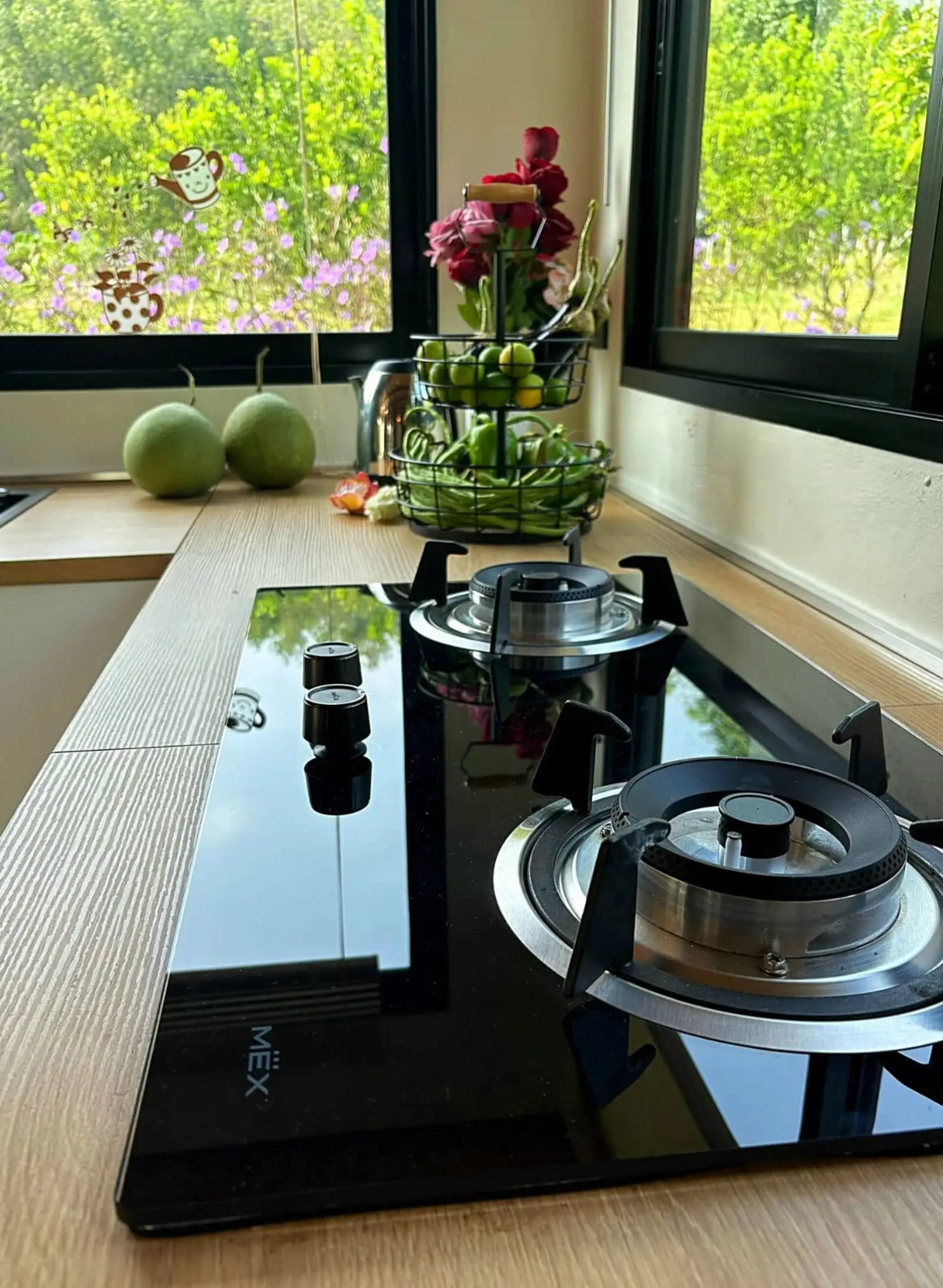 Kitchen counter with gas stove and fresh flowers